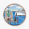 Nantucket Canvas ~  NANTUCKET Ferry Boat & Fishing Pier on 18 mesh 4.15" Rd. Hand Painted Needlepoint canvas by MBM Designs