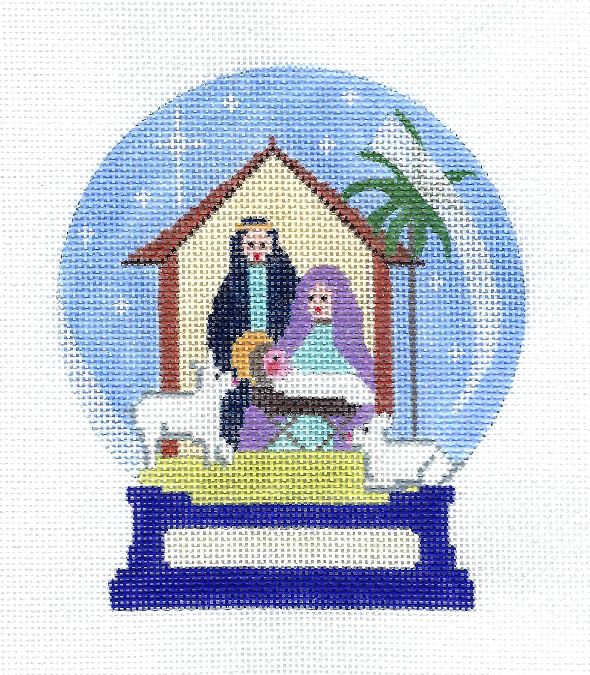 Snow Globe ~ Holy Family Nativity SNOW GLOBE handpainted 18 Mesh Needlepoint Canvas Ornament by Amanda Lawford