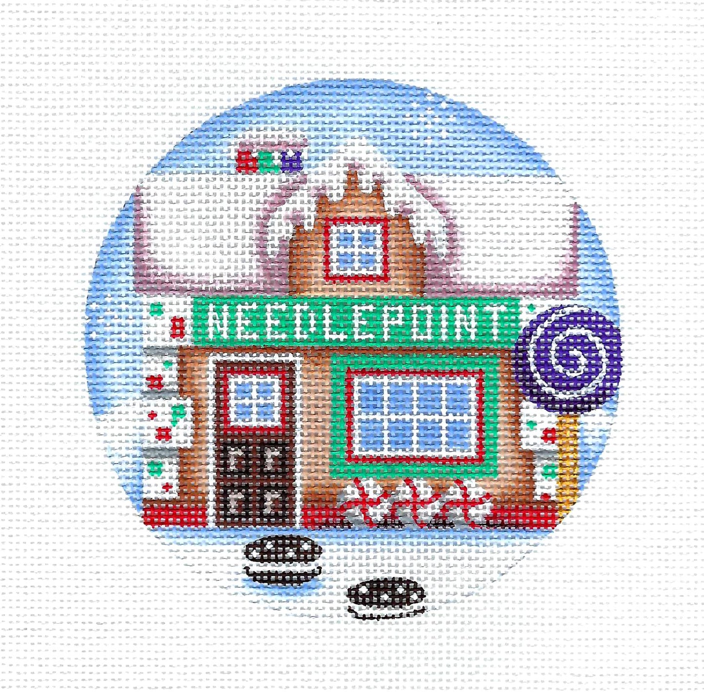 Gingerbread Needlepoint Cottage Ornament handpainted 4"Rd. 18 Mesh Needlepoint Canvas by Rebecca Wood