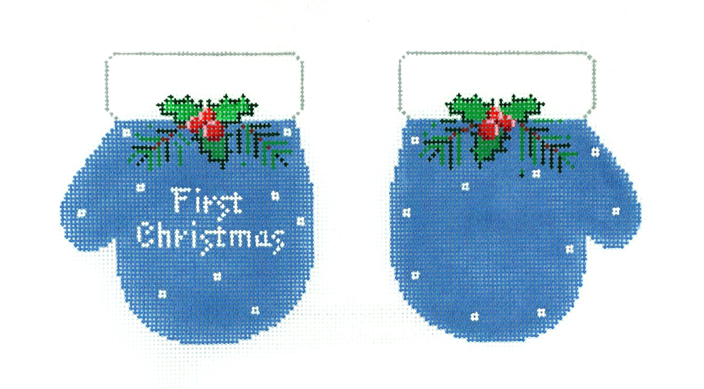 Baby's ~ Baby's First Christmas Mittens ~ 2 Sided ~ Medium Blue Mittens handpainted Needlepoint Canvas by Pepperberry