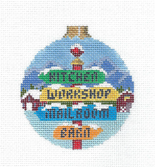 Christmas ~ North Pole Signs ~ Santa's Workshop handpainted Needlepoint Ornament by Susan Roberts