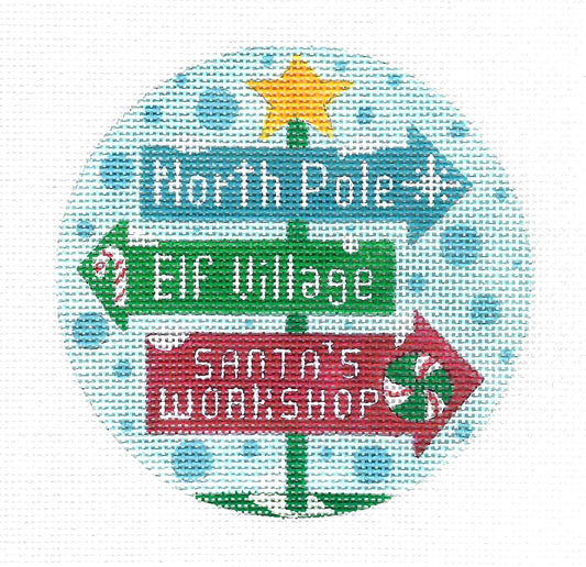 Christmas Round ~ Christmas Santa's Workshop & the North Pole 18 mesh 4" handpainted Needlepoint Canvas Ornament Alice Peterson