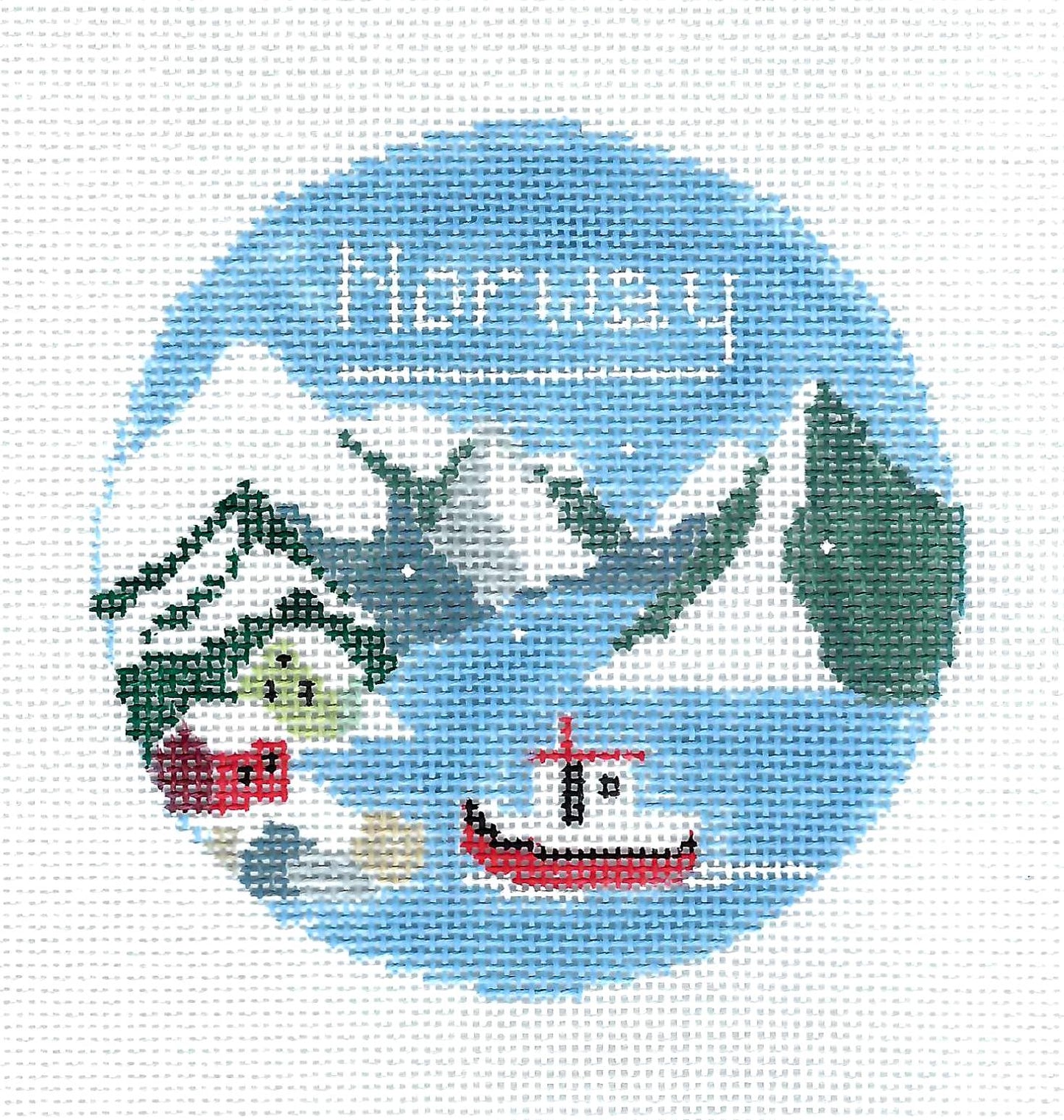 Travel Round ~ NORWAY 4" Rd. handpainted 18 mesh Needlepoint Ornament Canvas by Kathy Schenkel
