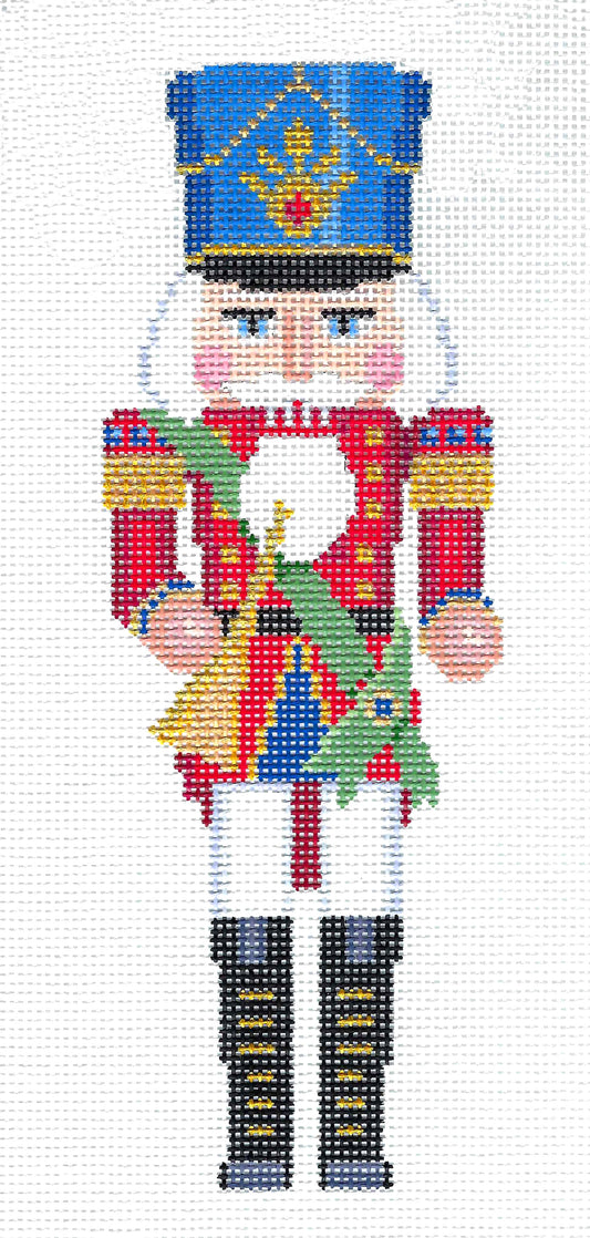 Nutcracker ~ Christmas Trumpeter 9.5" Tall Nutcracker on 13 Mesh handpainted Needlepoint Ornament by Susan Roberts