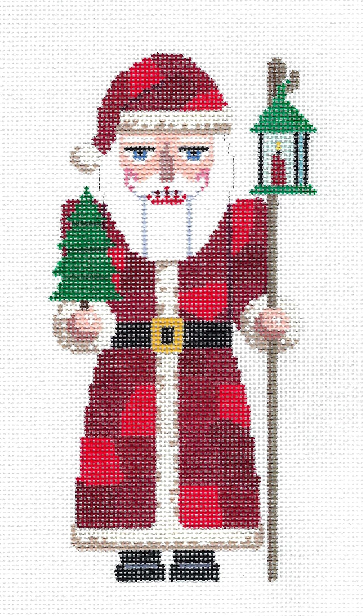 Nutcracker ~ Patchwork Santa with Tree & Lantern Nutcracker 18 Mesh handpainted Needlepoint Ornament by Susan Roberts