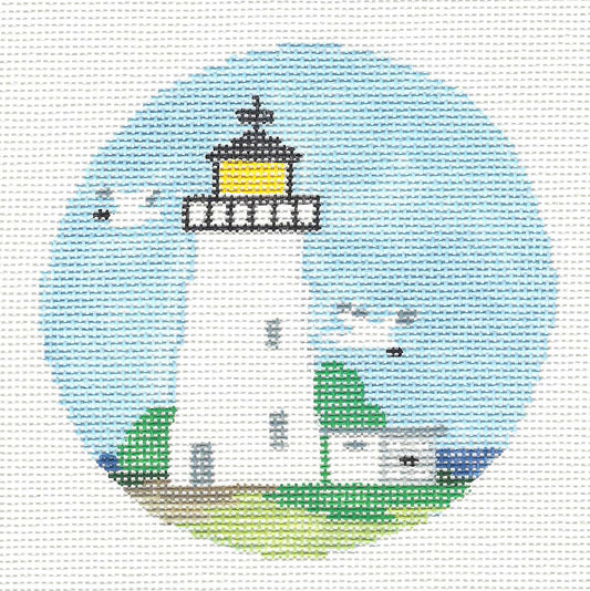 Travel Round ~ OCRACOKE LIGHTHOUSE, North Carolina handpainted 4" Needlepoint Ornament Canvas Kathy Schenkel