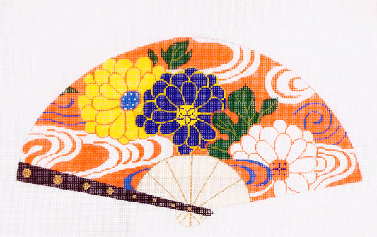 Oriental Fan ~ Oriental FAN of Multi-Color Flowers on a Peach Background 18 mesh handpainted Needlepoint Canvas by LEE