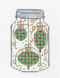 3 Christmas Ornaments in a Mason Jar handpainted 13 mesh Needlepoint Canvas Alice Peterson