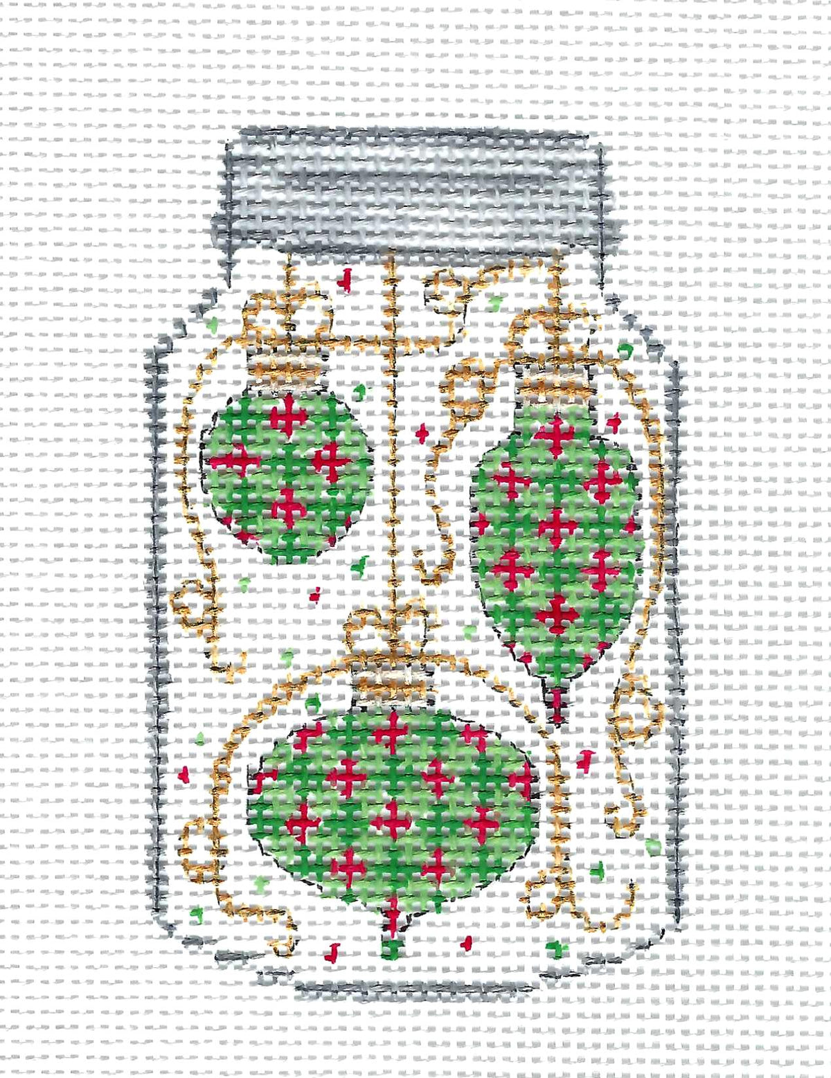 3 Christmas Ornaments in a Mason Jar handpainted 13 mesh Needlepoint Canvas Alice Peterson