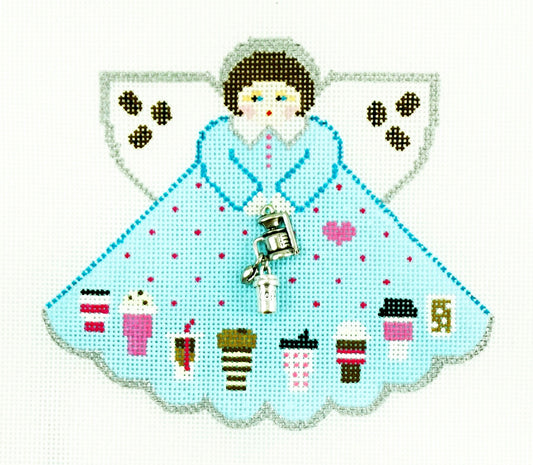 Angel ~ Coffee Connoisseur Angel w/ Charms handpainted 18 mesh Needlepoint Canvas by Painted Pony