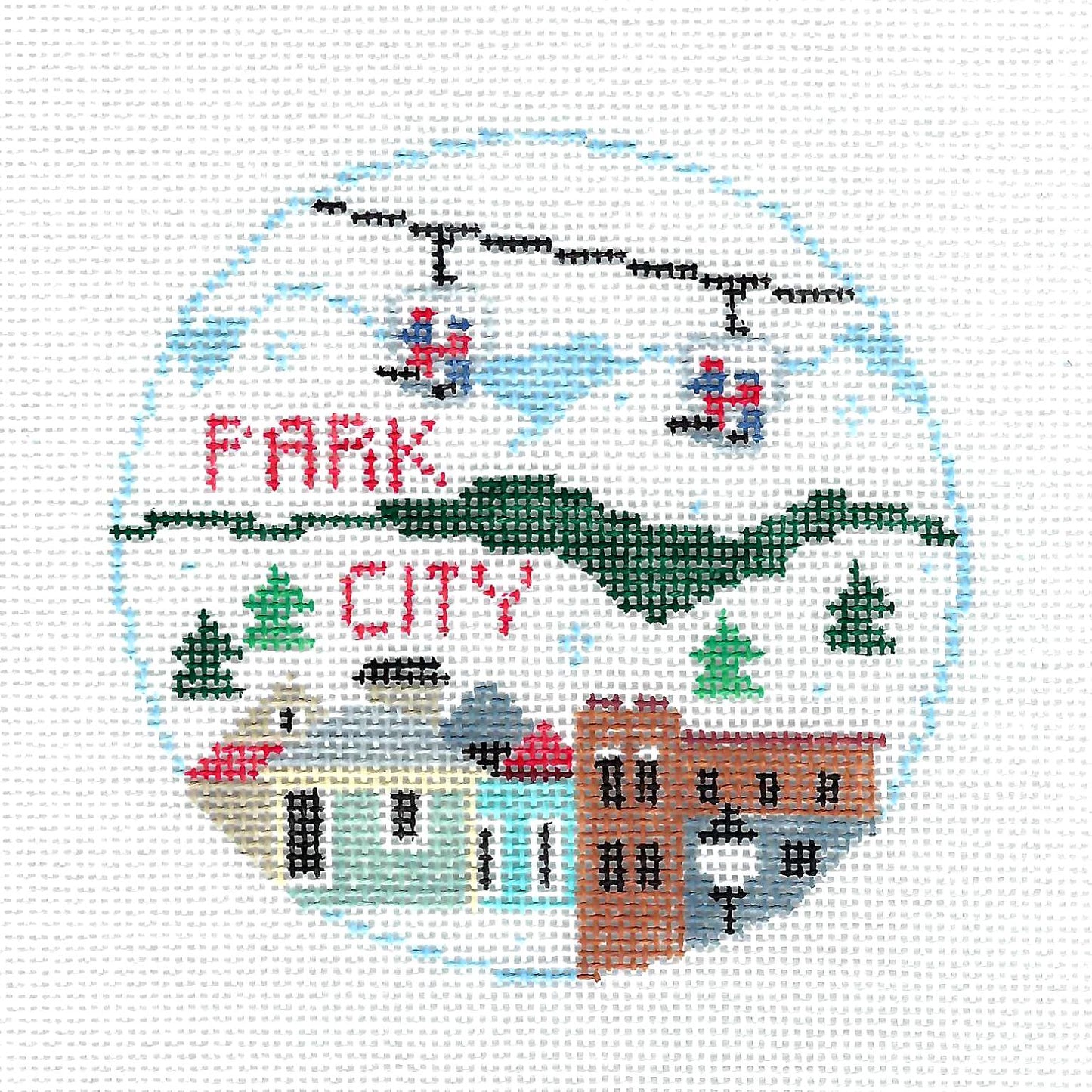 Travel Round ~ Park City, Utah handpainted 4" Round 18 Mesh Needlepoint Canvas by Kathy Schenkel