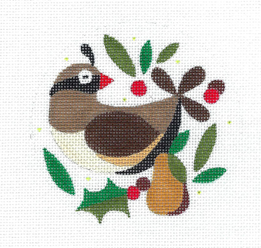 12 Days of Christmas ~ One Partridge in a Pear Tree 4" Round handpainted Needlepoint Canvas by Raymond Crawford