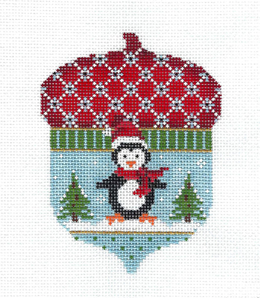 Kelly Clark ~ Adorable Penguin on a Winter Acorn handpainted Needlepoint Ornament Canvas ~ Kelly Clark