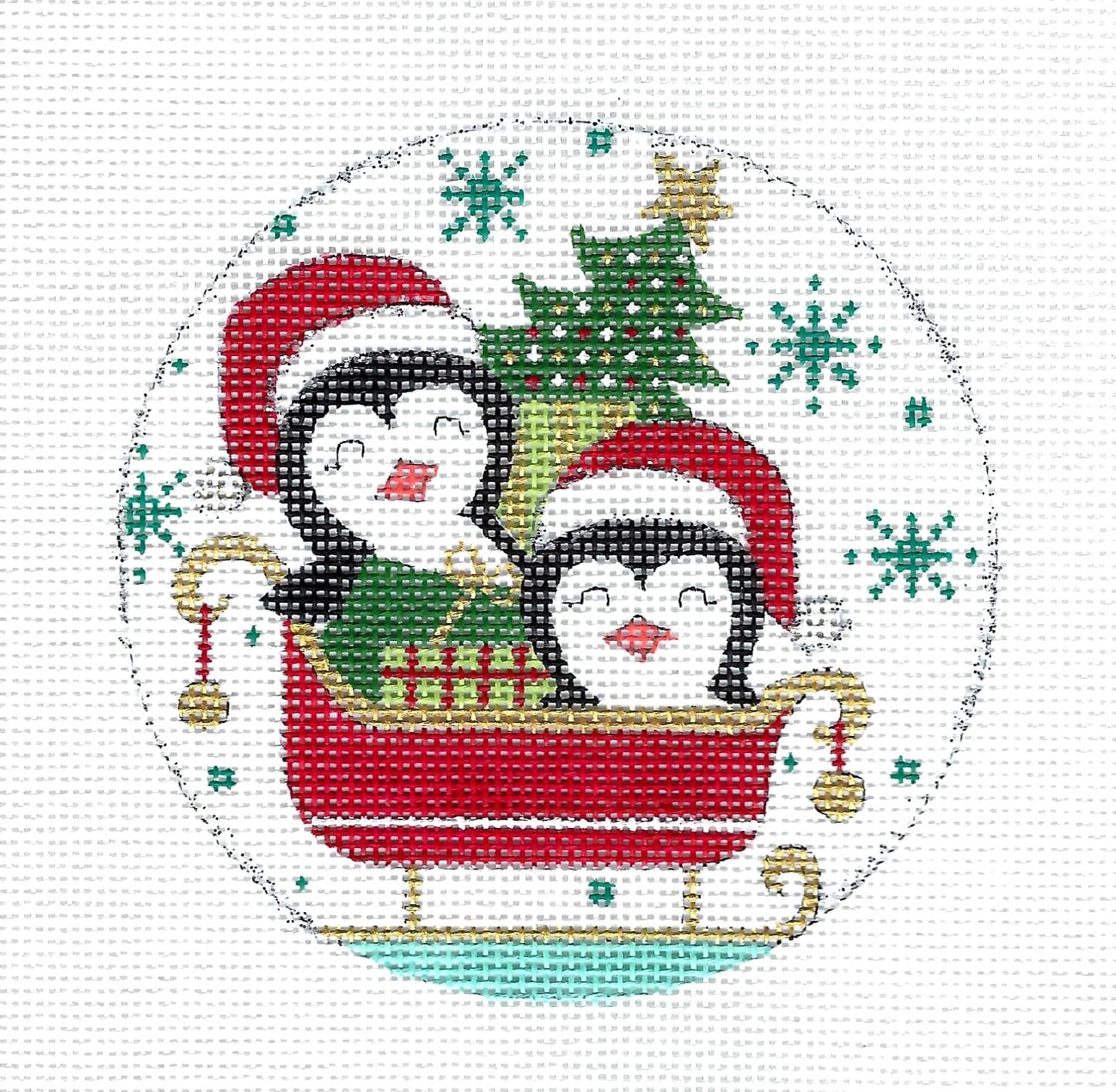 4" Round ~ Penguins in a Christmas Sleigh 18 Mesh handpainted 4" Needlepoint Ornament Canvas by Alice Peterson