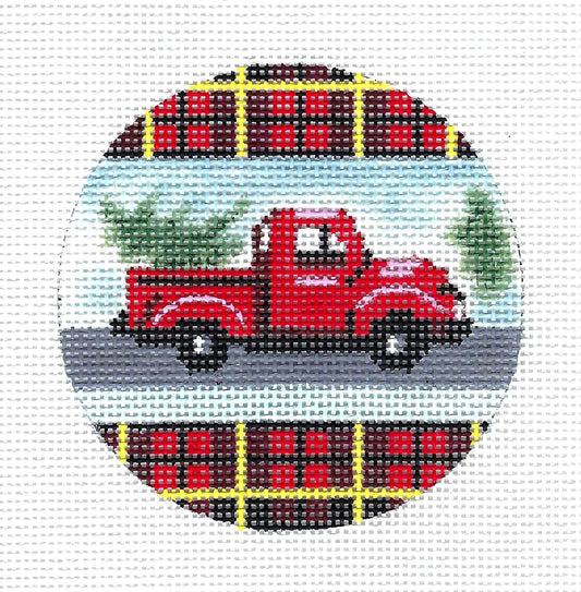 4" Round ~ Red Pickup Truck with Christmas Tree 13 Mesh Ornament handpainted Needlepoint Canvas by Alice Peterson