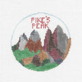 Travel Round ~ PIKE'S PEAK MOUNTAIN in Colorado 18 Mesh handpainted 4" Rd. Needlepoint Canvas by Kathy Schenkel