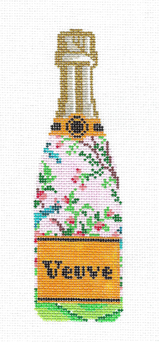 "Veuve" Champagne Bottle "Floral on Pink" handpainted Needlepoint Canvas by C'ate La Vie