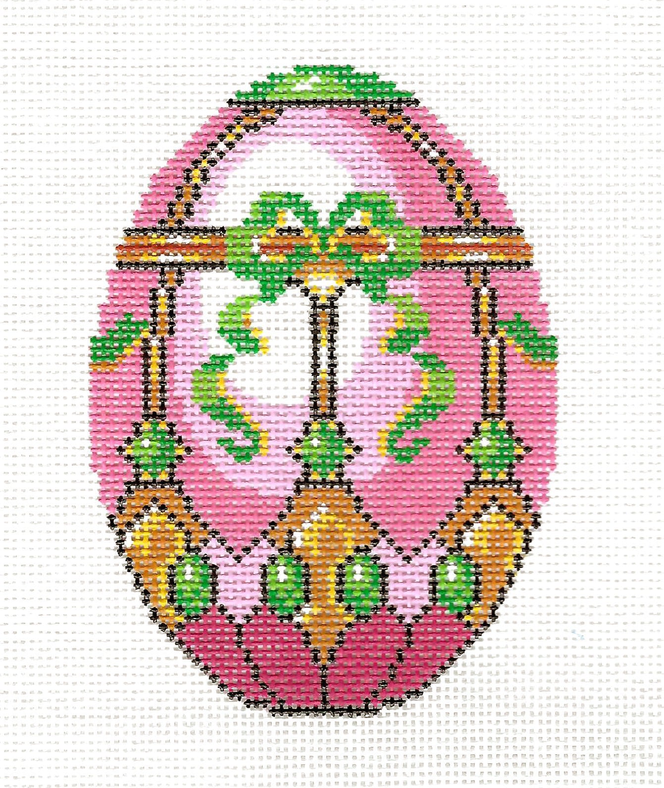 Faberge Egg ~ "EXCLUSIVE" Elegant Pink, Mint, Gold & White Jeweled EGG handpainted Needlepoint Canvas Ornament by LEE