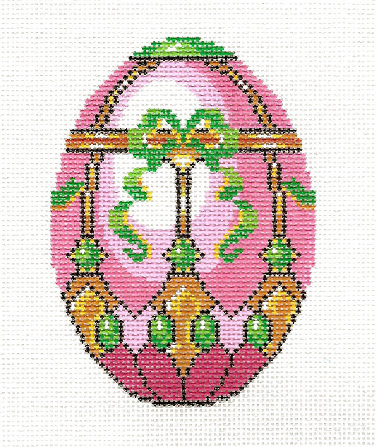 Faberge Egg ~ "EXCLUSIVE" Elegant Pink, Mint, Gold & White Jeweled EGG handpainted Needlepoint Canvas Ornament by LEE