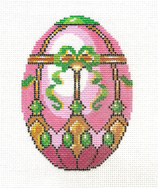 Faberge Egg ~ "EXCLUSIVE" Elegant Pink, Mint, Gold & White Jeweled EGG handpainted Needlepoint Canvas Ornament by LEE