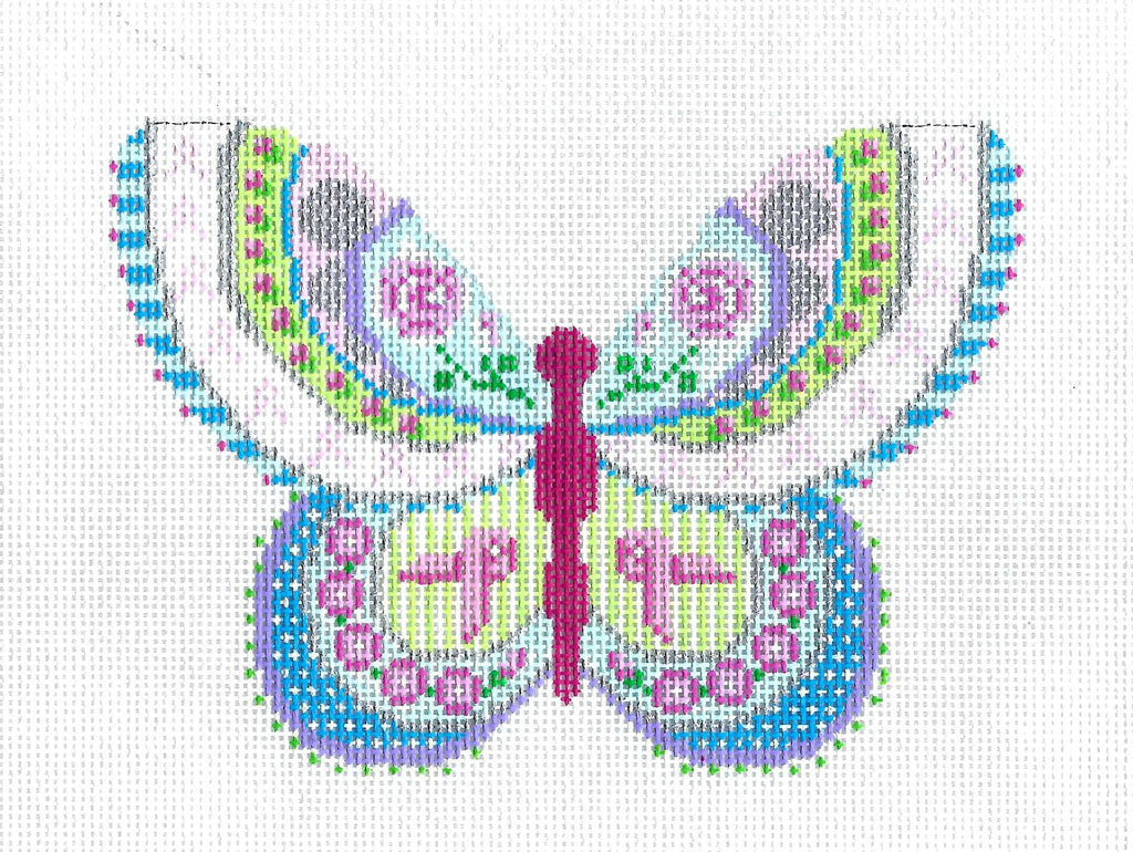 The " PINK RIBBON "  BUTTERFLY and STITCH GUIDE 18 Mesh Needlepoint Ornament Canvas by Painted Pony