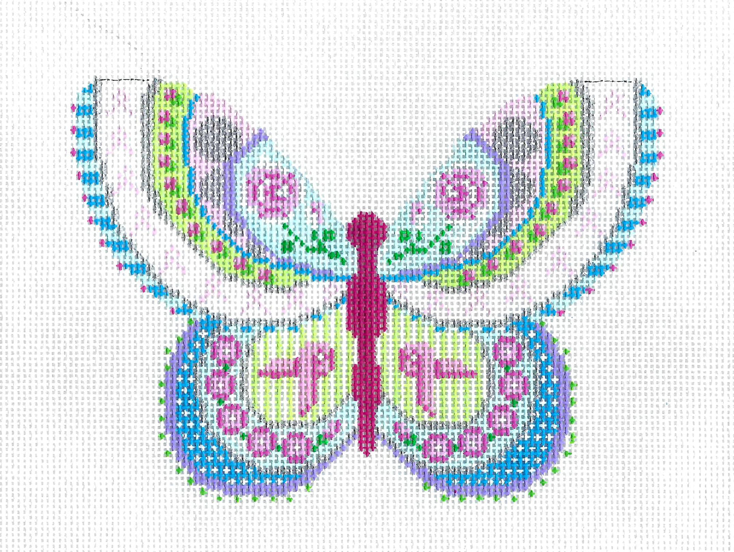The " PINK RIBBON "  BUTTERFLY and STITCH GUIDE 18 Mesh Needlepoint Ornament Canvas by Painted Pony