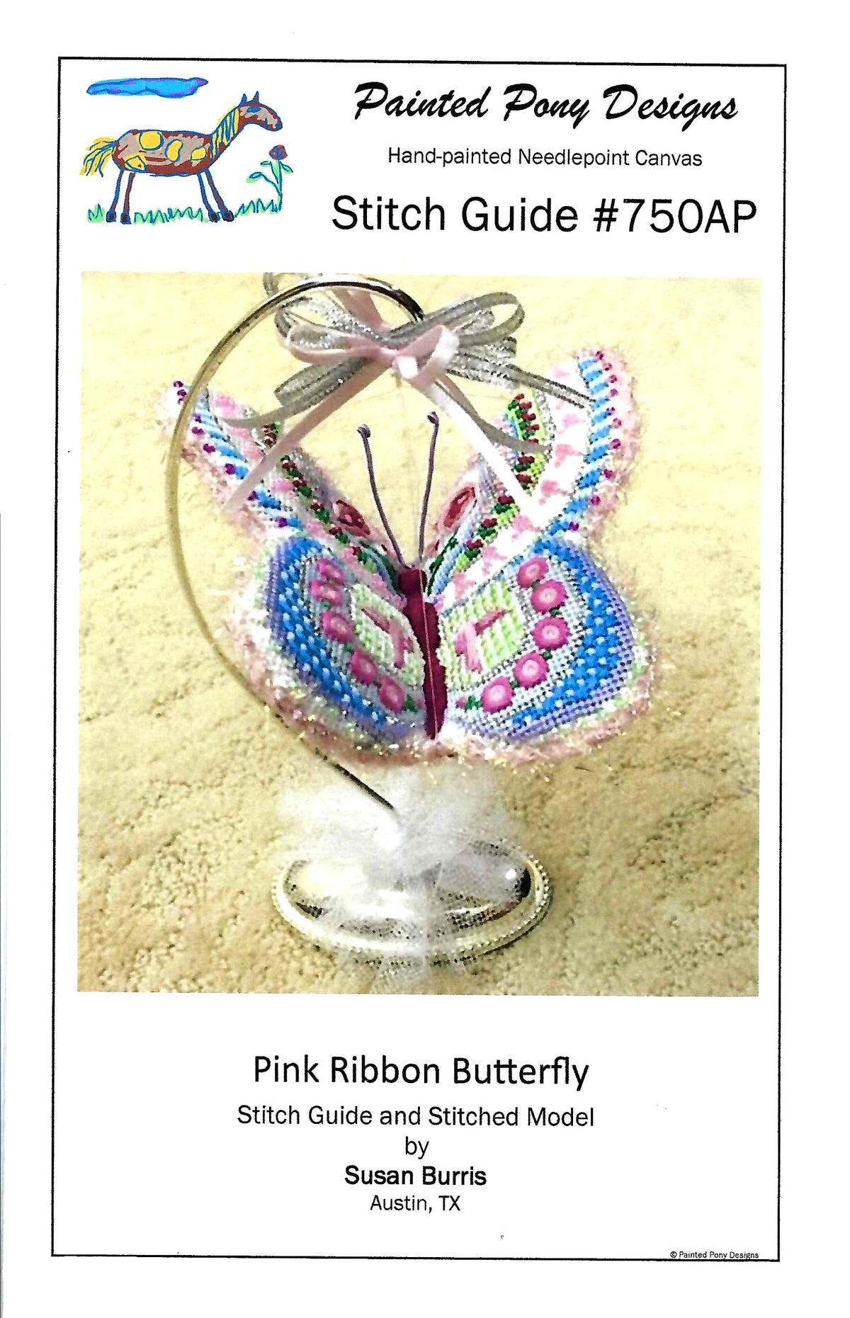 The " PINK RIBBON "  BUTTERFLY and STITCH GUIDE 18 Mesh Needlepoint Ornament Canvas by Painted Pony
