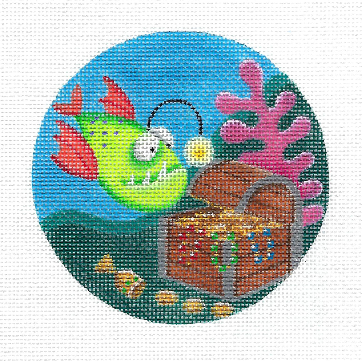 4" Round ~ Pirate Treasure Found Ornament 18 mesh handpainted Needlepoint Canvas by Rebecca Wood