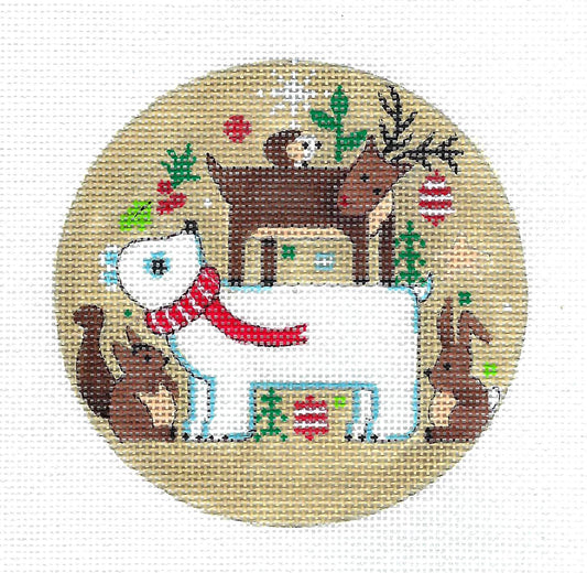 4" Round ~ Polar Bear Stacked Animal Friends 18 Mesh Ornament 4" handpainted Needlepoint Canvas by Alice Peterson