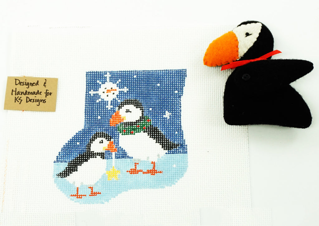 Canvas SET ~ Felt Puffin and 2 Puffins 18 mesh Needlepoint Mini Stocking SET by Kathy Schenkel