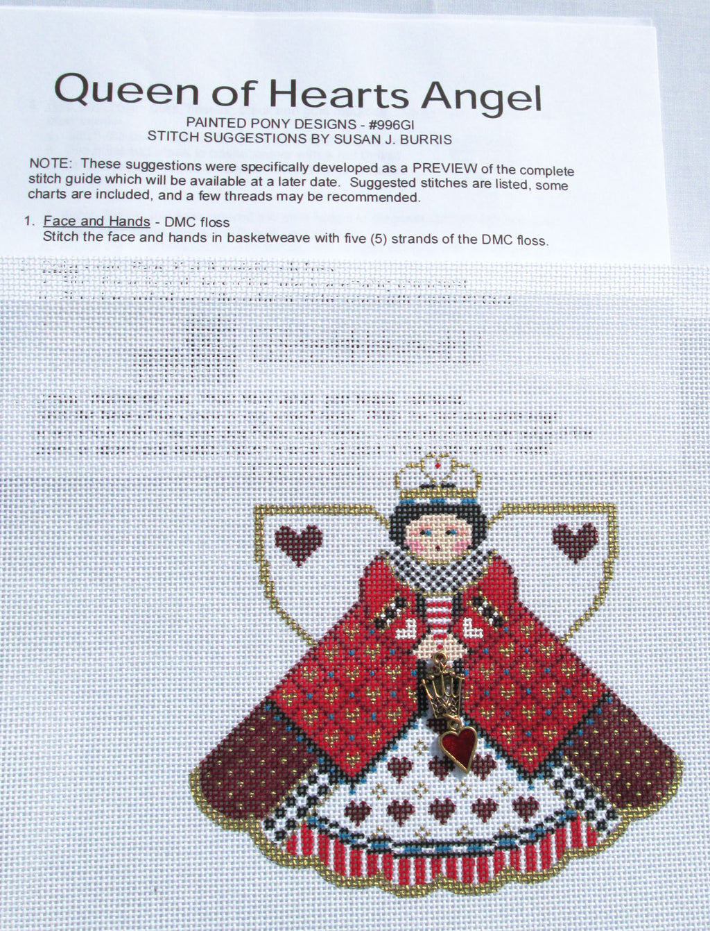 Angel ~ Queen of Hearts Angel with Extensive STITCH GUIDE and Charms handpainted 18 Mesh Needlepoint Ornament by Painted Pony