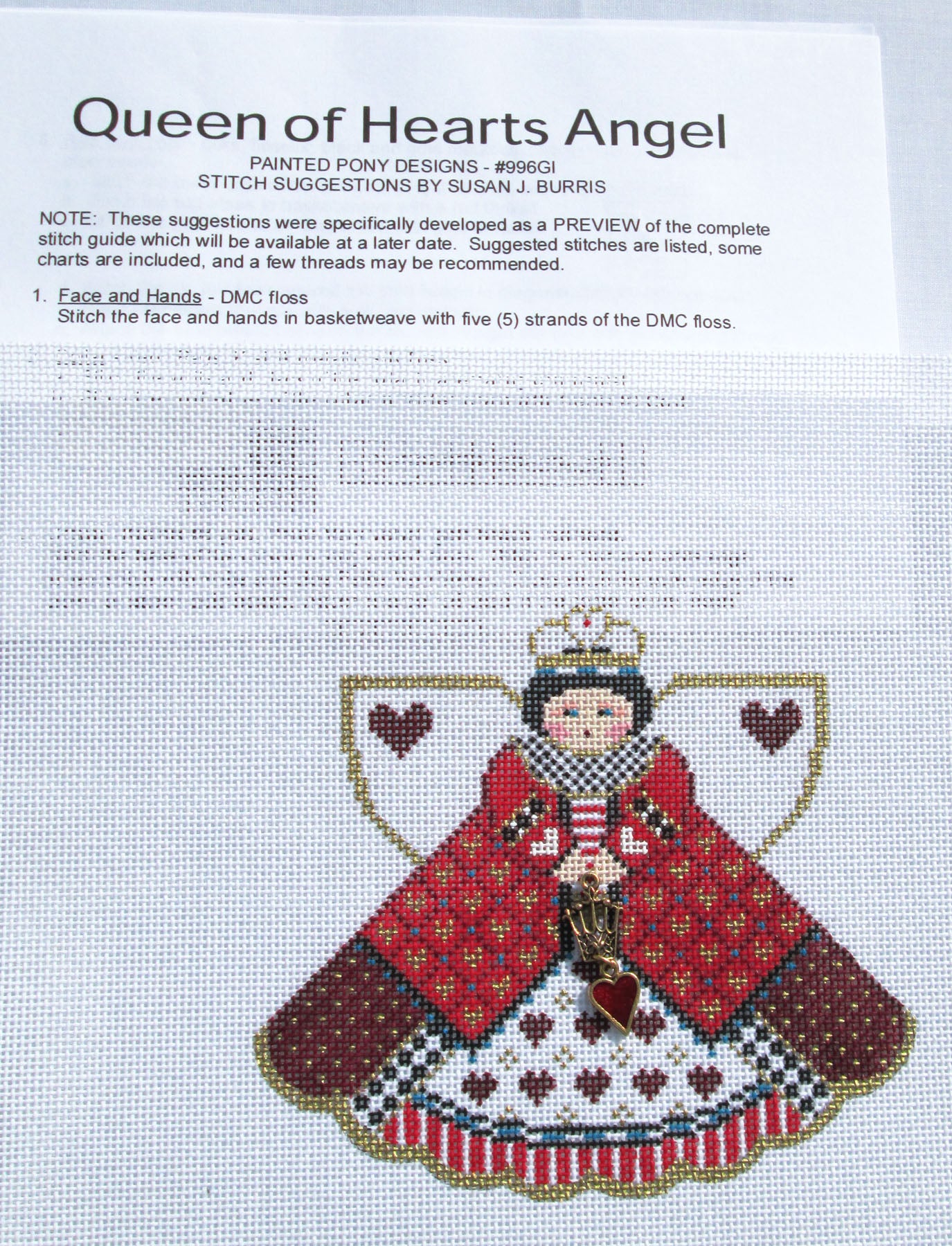 Angel ~ Queen of Hearts Angel with Extensive STITCH GUIDE and Charms handpainted 18 Mesh Needlepoint Ornament by Painted Pony