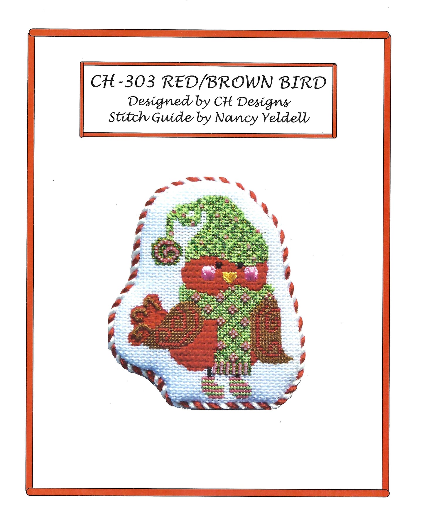 Bird Canvas ~ Red & Brown Bird in Scarf & Hat & STITCH GUIDE handpainted Needlepoint Canvas by CH Designs from Danji