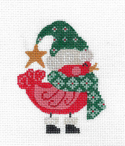 Bird Canvas ~ Red Bird in Scarf & Hat handpainted Needlepoint Canvas by CH Designs from Danji