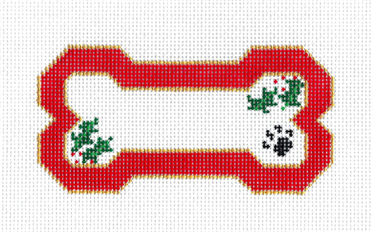 Dog Bone ~ Red Bone with Holly &  Paw Print 13 Mesh handpainted Needlepoint Ornament Canvas by Danji