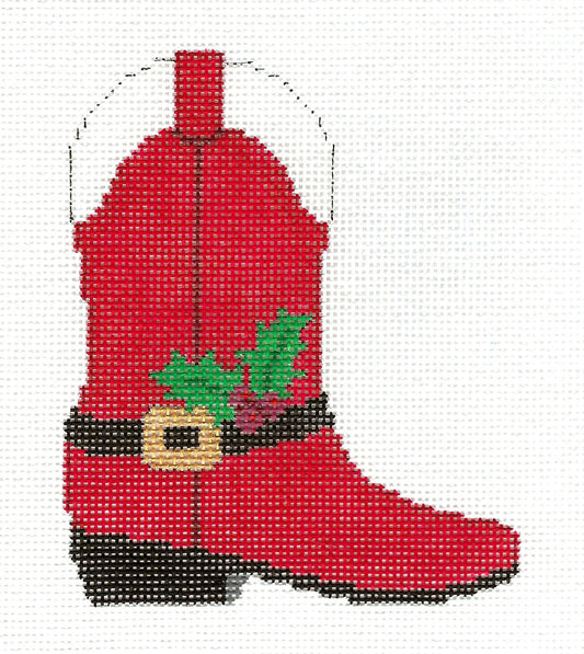 Santa Suit Cowboy Boot with Holly Ornament TEXAS handpainted Needlepoint Canvas by Susan Roberts