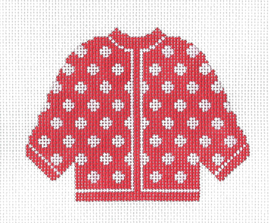 Sweater ~ RED with WHITE Polka Dots CARDIGAN KNITTED SWEATER handpainted Needlepoint Canvas by Silver Needle