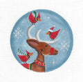 Christmas Round ~ " Reindeer Friends " Reindeer with 3 Cardinals 4" Rd. Ornament handpainted 18 Mesh Needlepoint Canvas by Rebecca Wood