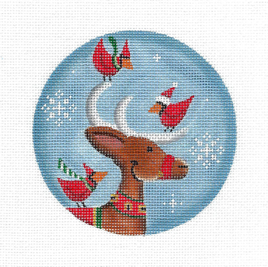 Christmas Round ~ " Reindeer Friends " Reindeer with 3 Cardinals 4" Rd. Ornament handpainted 18 Mesh Needlepoint Canvas by Rebecca Wood