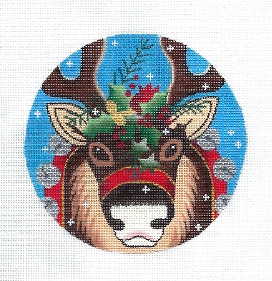 Christmas Reindeer ~ 5" Round Ornament handpainted Needlepoint Canvas by Raymond Crawford