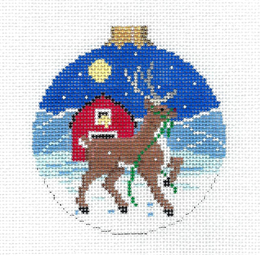 Christmas ~ Reindeer By a Red Barn  3.25" Round Ornament handpainted 18 Mesh Needlepoint Canvas by Susan Roberts