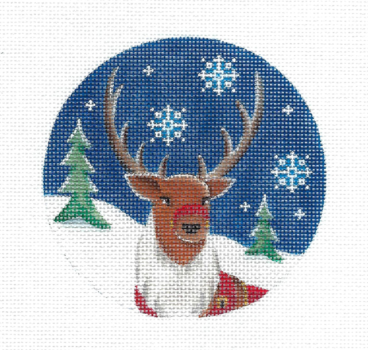 Canvas ~ Regal Reindeer in Snow handpainted 18 Mesh Needlepoint Canvas 4" Round by Rebecca Wood