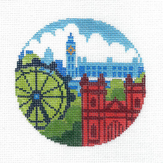 Travel ~ Rooftops of London handpainted 4" Rd. Needlepoint Ornament Canvas by Abigail Cecile from PLD