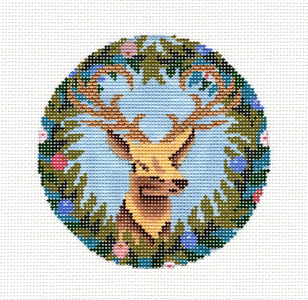 Christmas Royal Stag in a Wreath Blue Ornament handpainted 18 mesh Needlepoint Canvas by Abigail Cecile