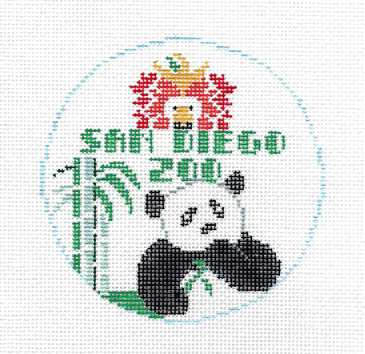 Travel Round ~ San Diego, California ZOO handpainted 18 Mesh 4" Round Needlepoint Canvas by Kathy Schenkel