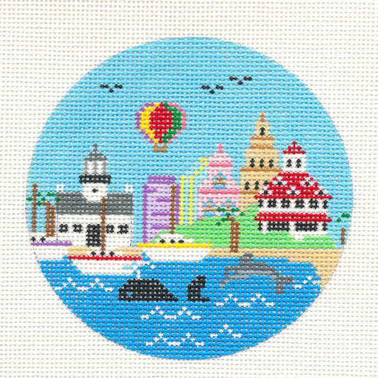Travel Round ~ San Diego, California handpainted 18 Mesh 4" Rd. Needlepoint Ornament Canvas by Painted Pony