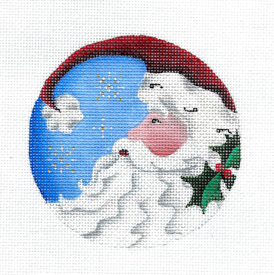 Christmas Round ~ " MAGICAL SANTA " on 18 Mesh handpainted 4" Rd. Needlepoint Canvas by Rebecca Wood