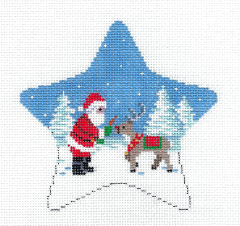 STAR ~ Santa Feeding a Carrot to His Reindeer WINTER STAR Needlepoint Ornament Canvas by Susan Roberts