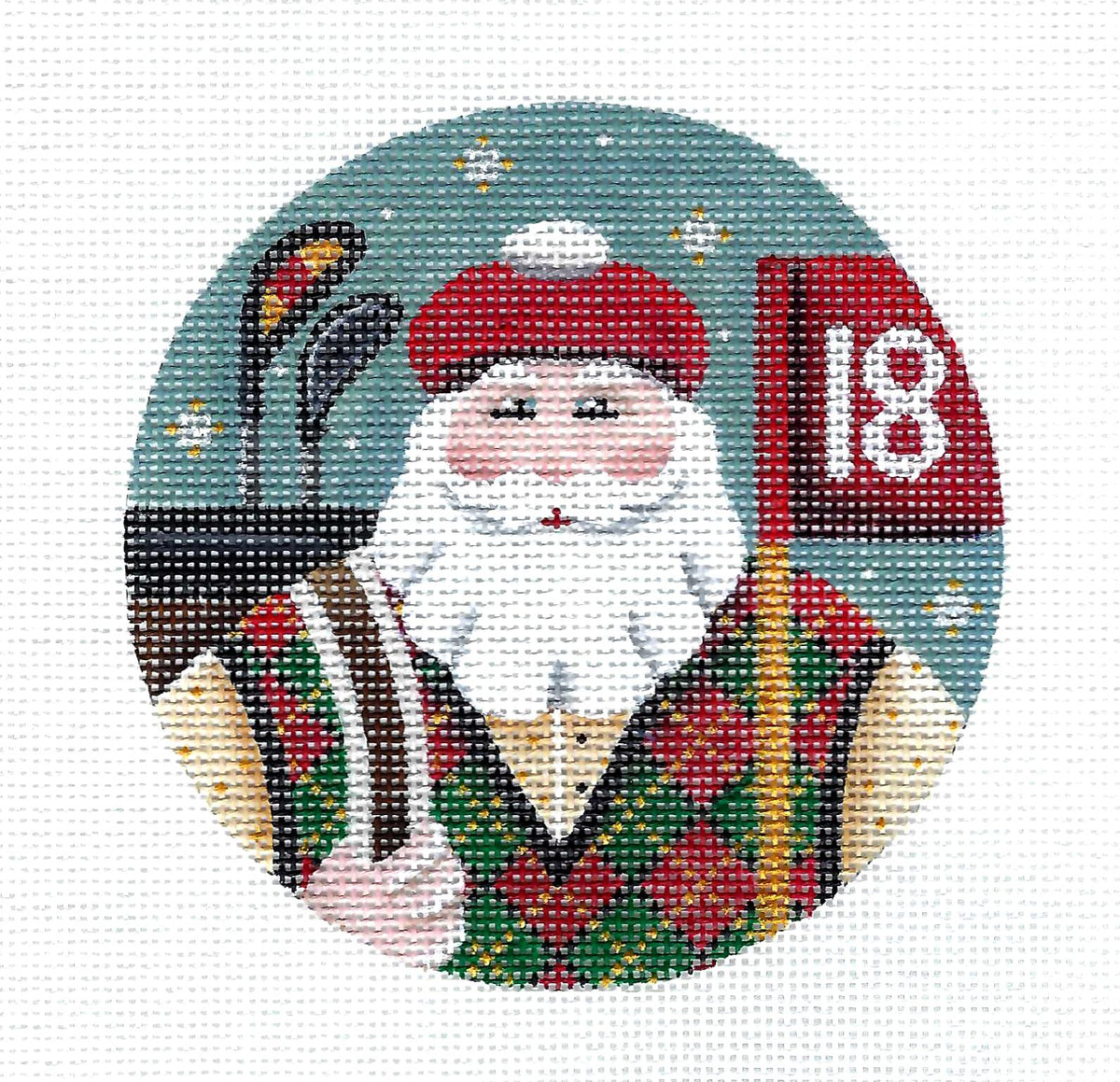 Round ~ GOLFING SANTA Ornament handpainted 18 Mesh 4" Rd. Needlepoint Canvas by Rebecca Wood