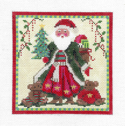 Christmas ~ SANTA and His Teddy Bears 4.85" Square handpainted 18 Mesh Needlepoint Canvas by Kelly Clark